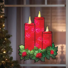 16" Lighted Holographic Candles and Holly Christmas Window Silhouette Decoration