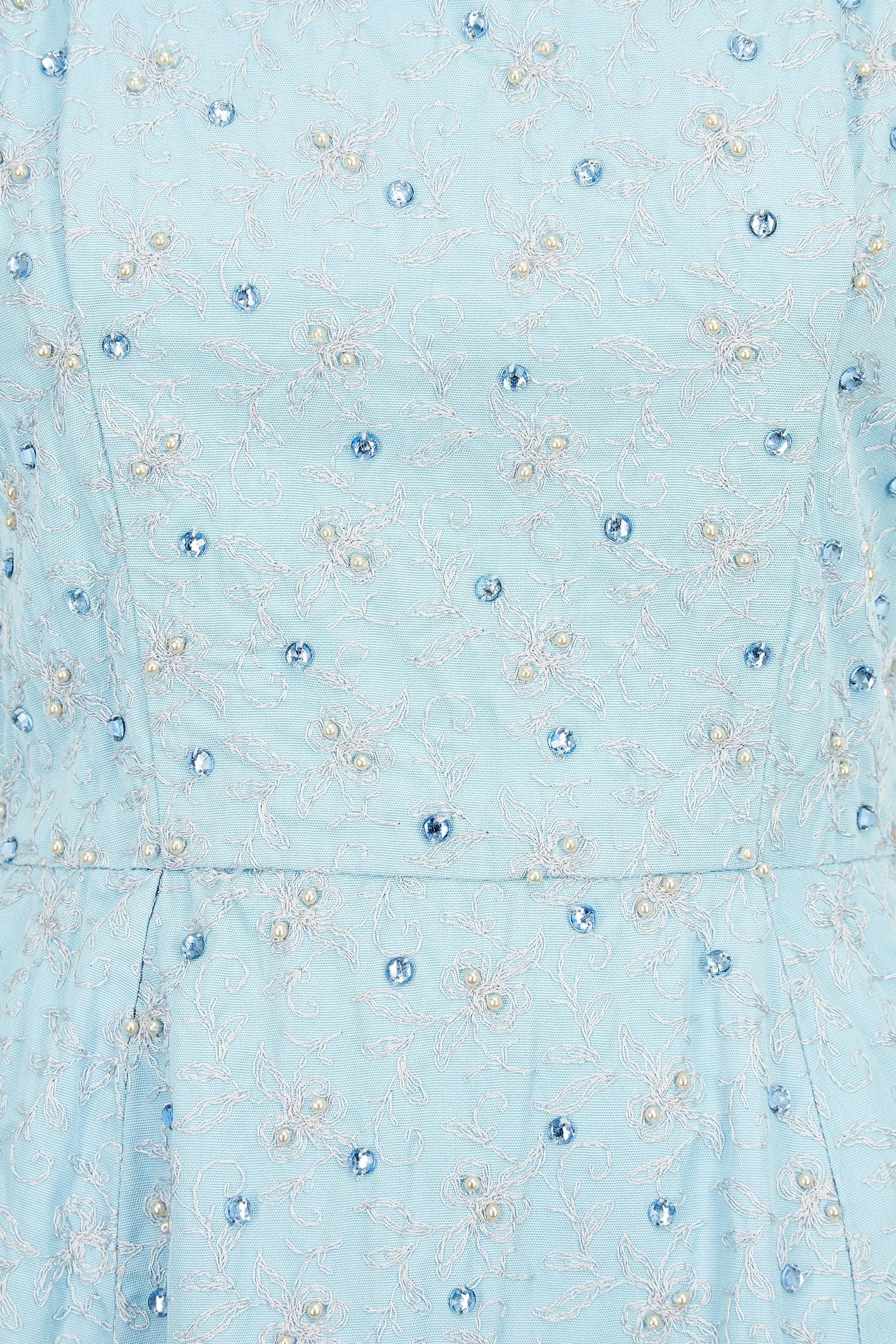 1950s Blue Floral Embroidered and Crystal Full Skirt Dress