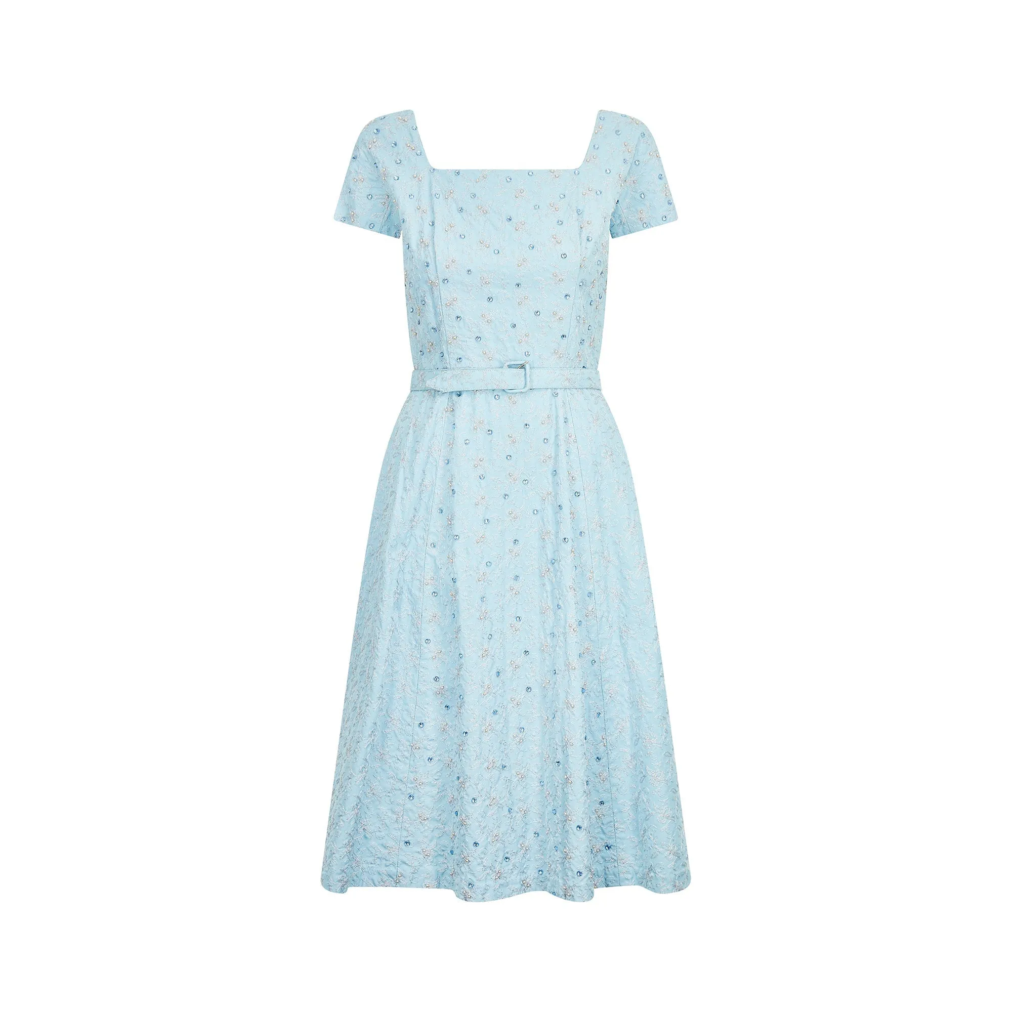 1950s Blue Floral Embroidered and Crystal Full Skirt Dress