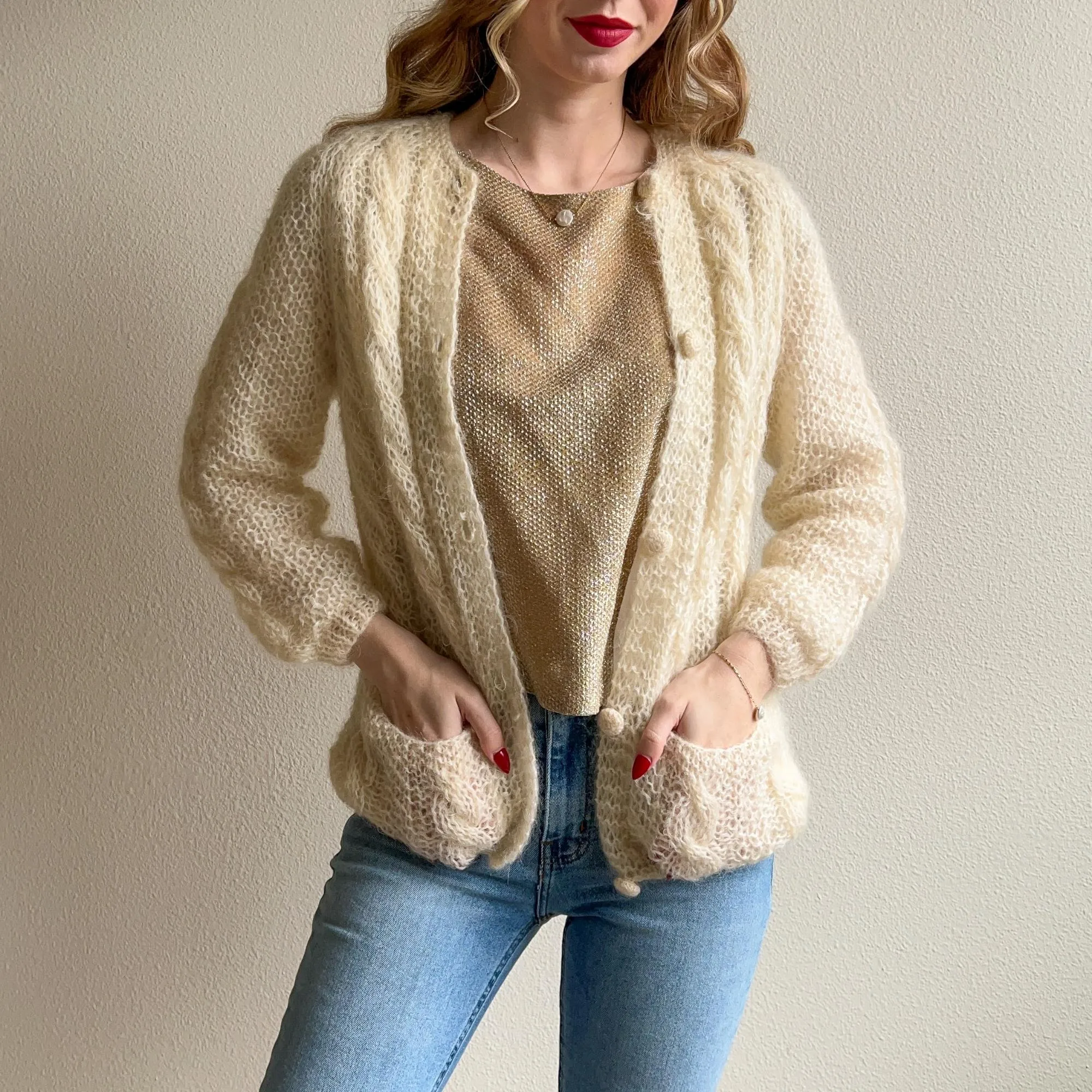 1950s Cream Cable Knit Buttoned Cardigan (S/M)