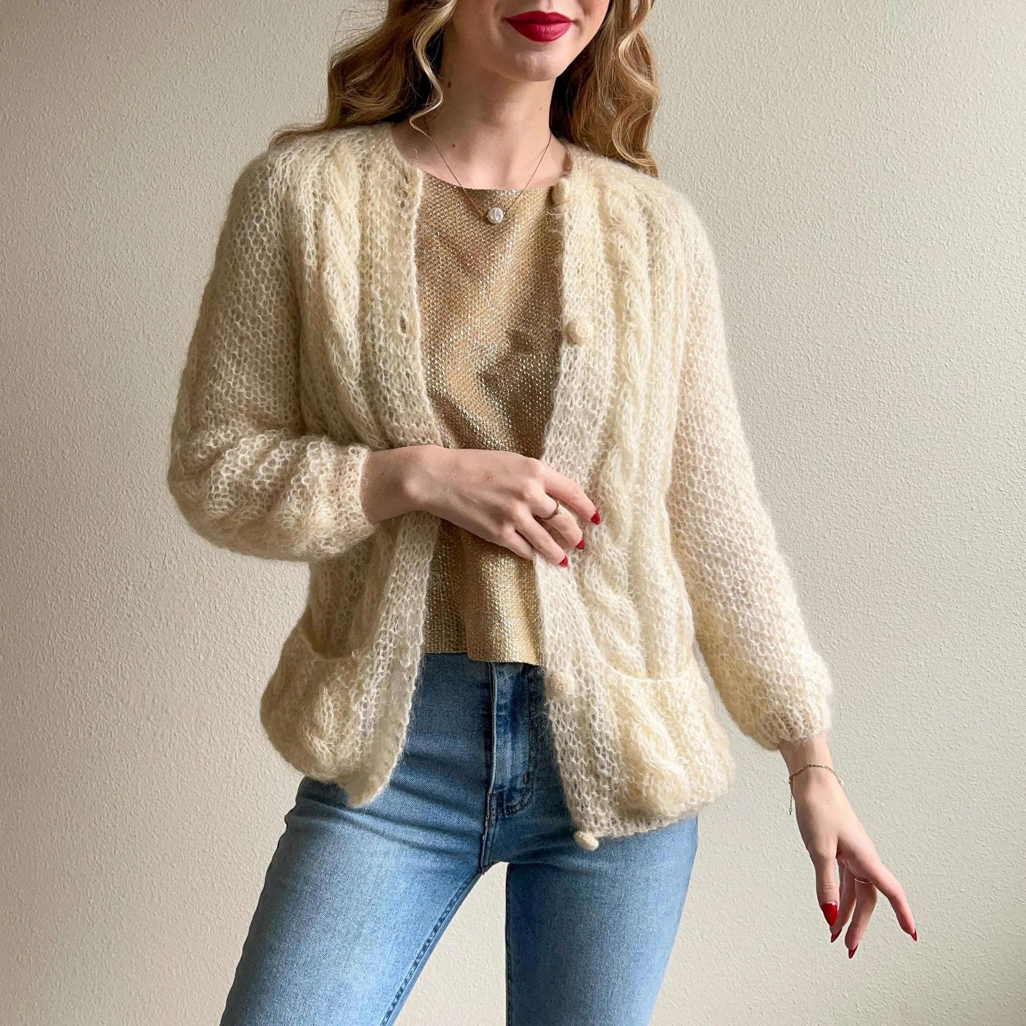 1950s Cream Cable Knit Buttoned Cardigan (S/M)