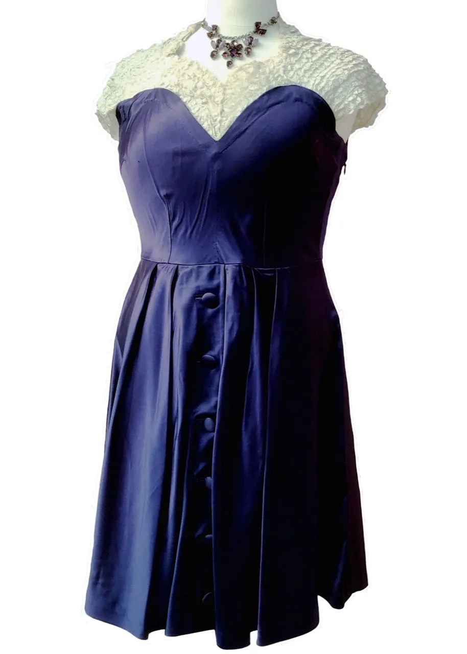 1950s Vintage Blue Satin Cocktail Fit and Flare Dress