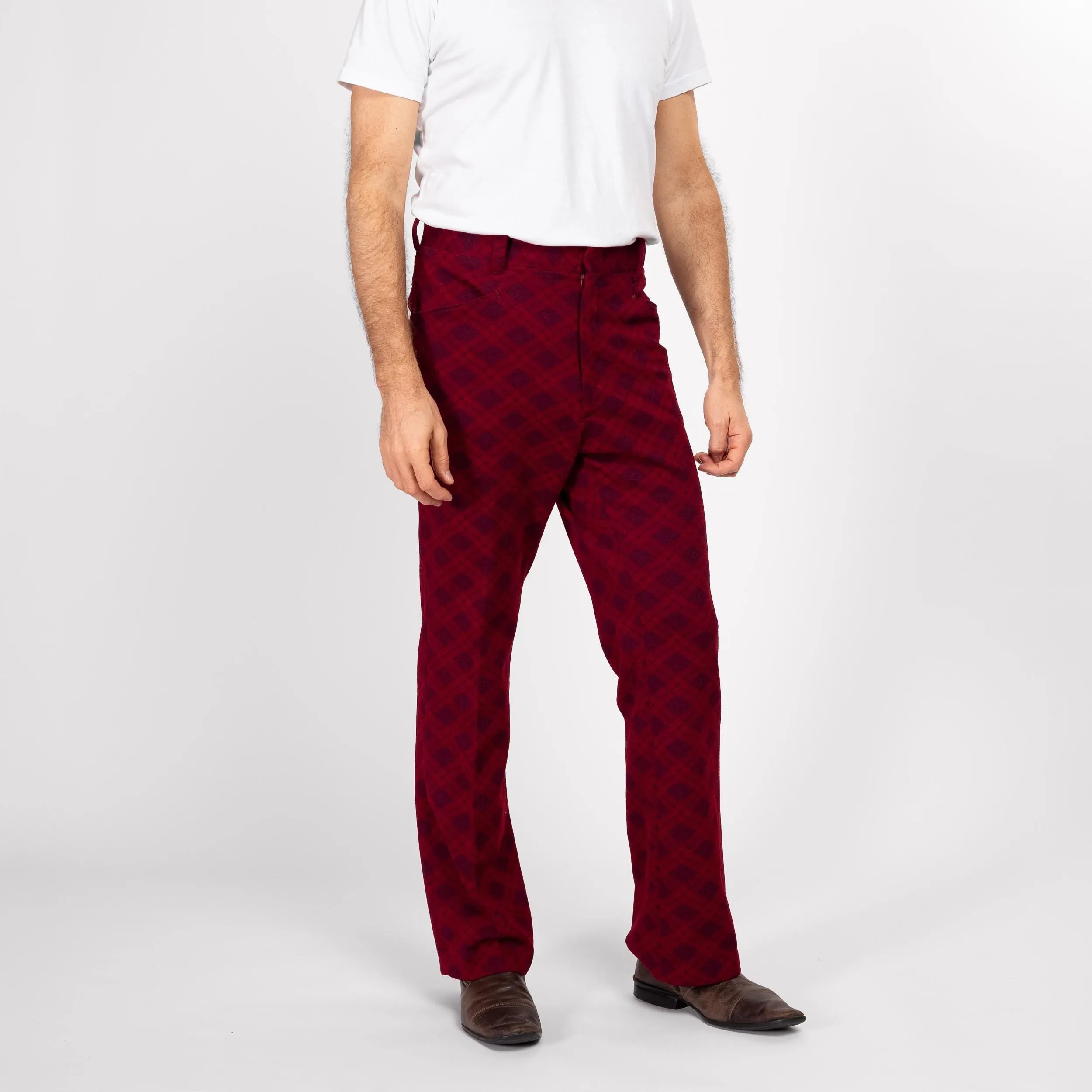 34" Waist 70s Wine Red Argyle Trousers