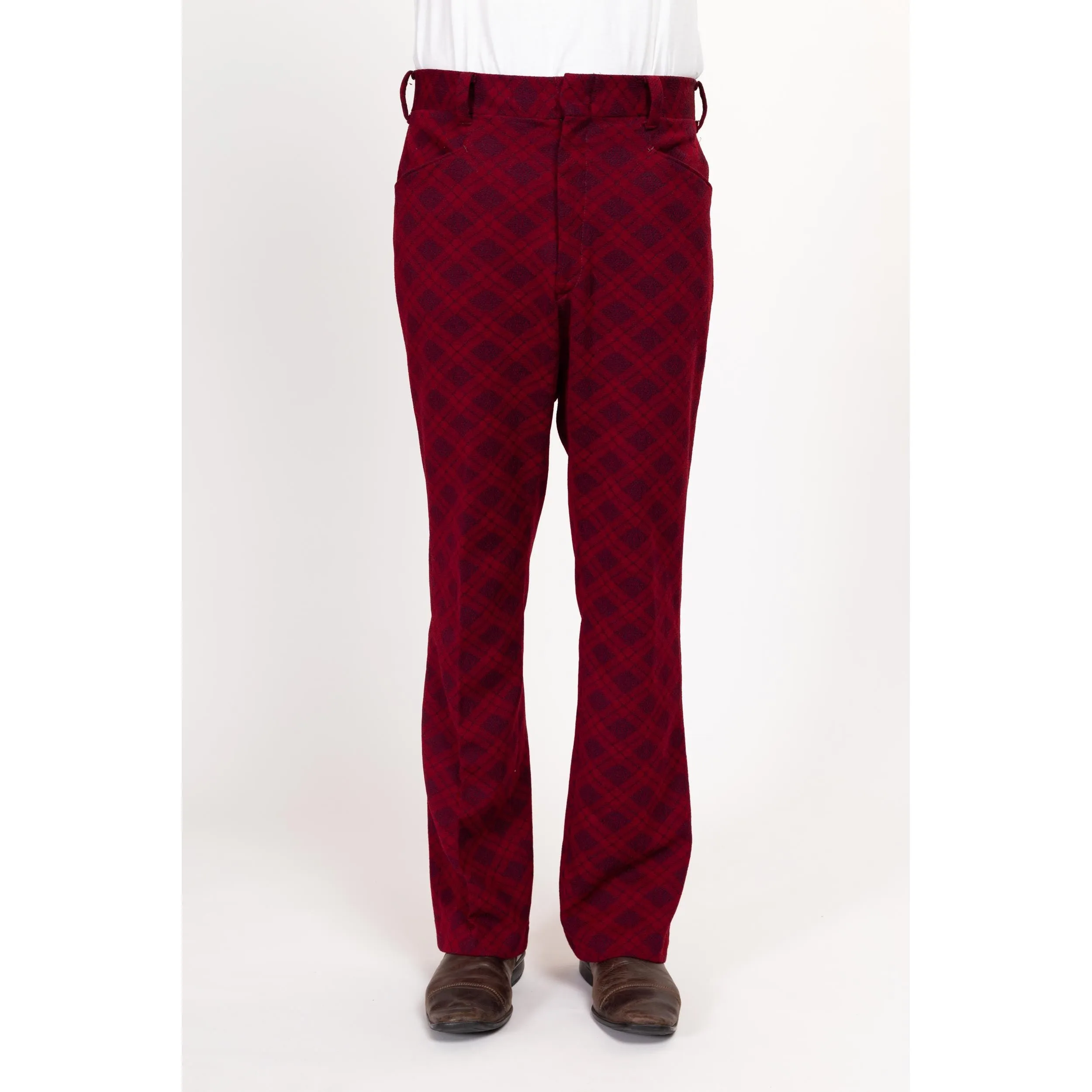 34" Waist 70s Wine Red Argyle Trousers