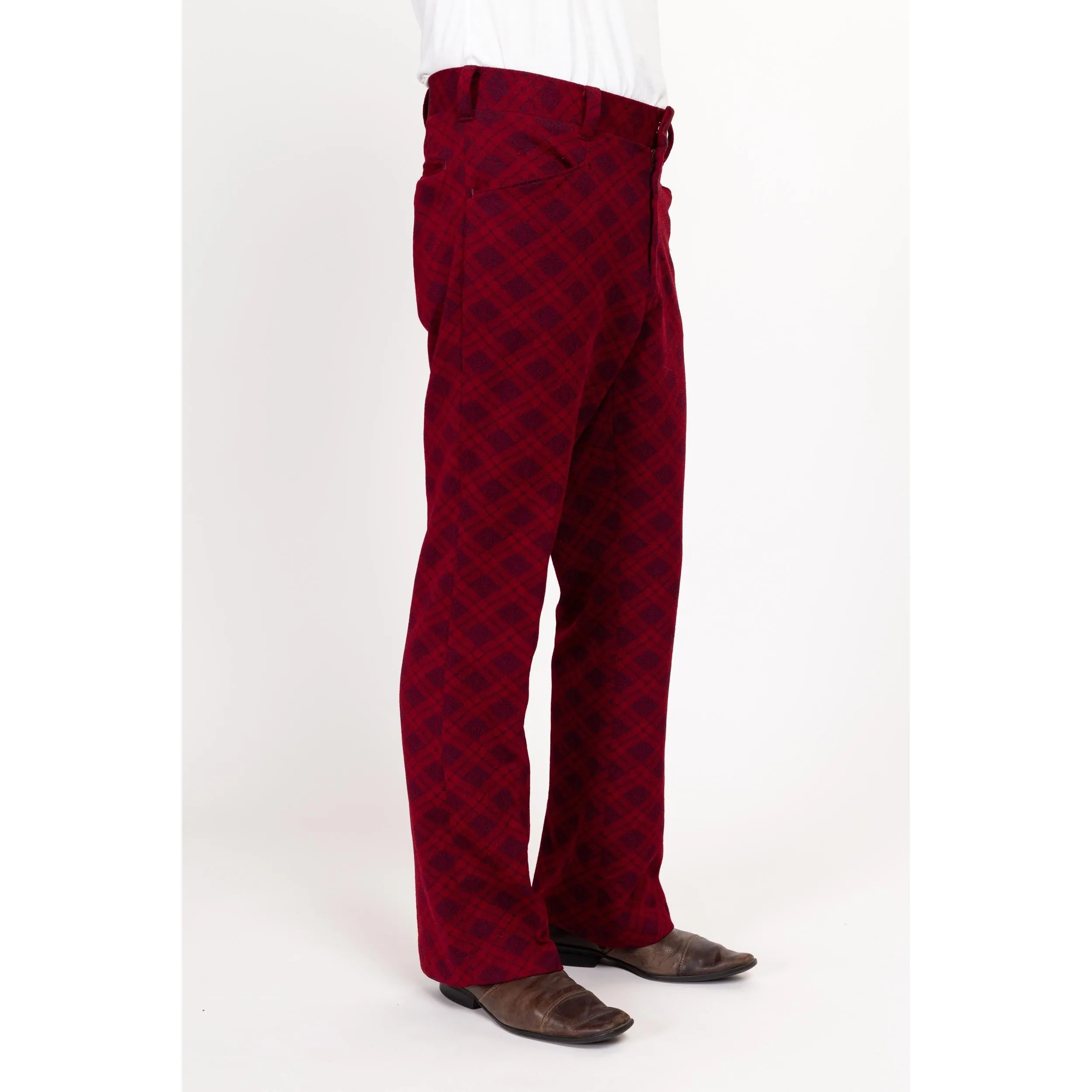 34" Waist 70s Wine Red Argyle Trousers