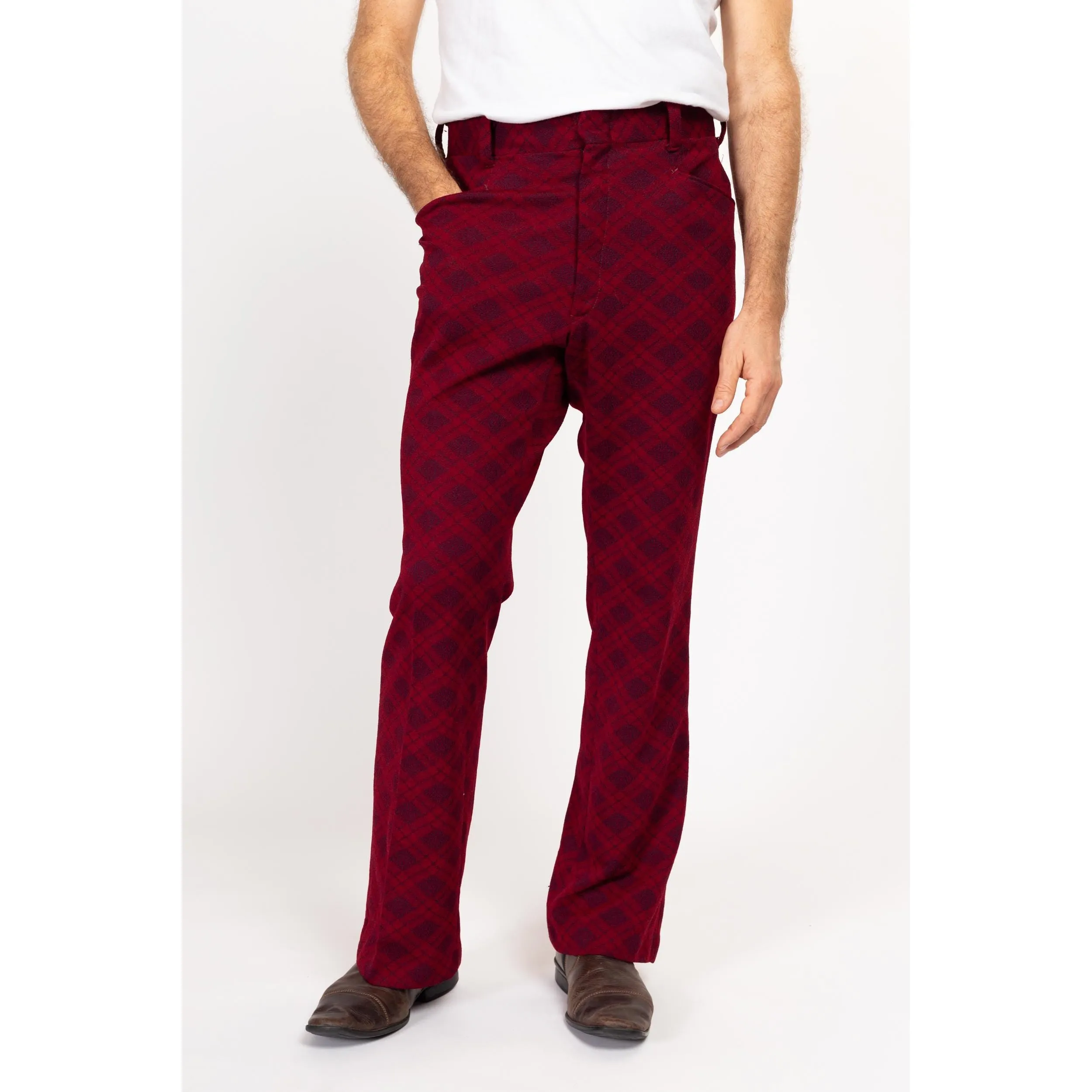 34" Waist 70s Wine Red Argyle Trousers