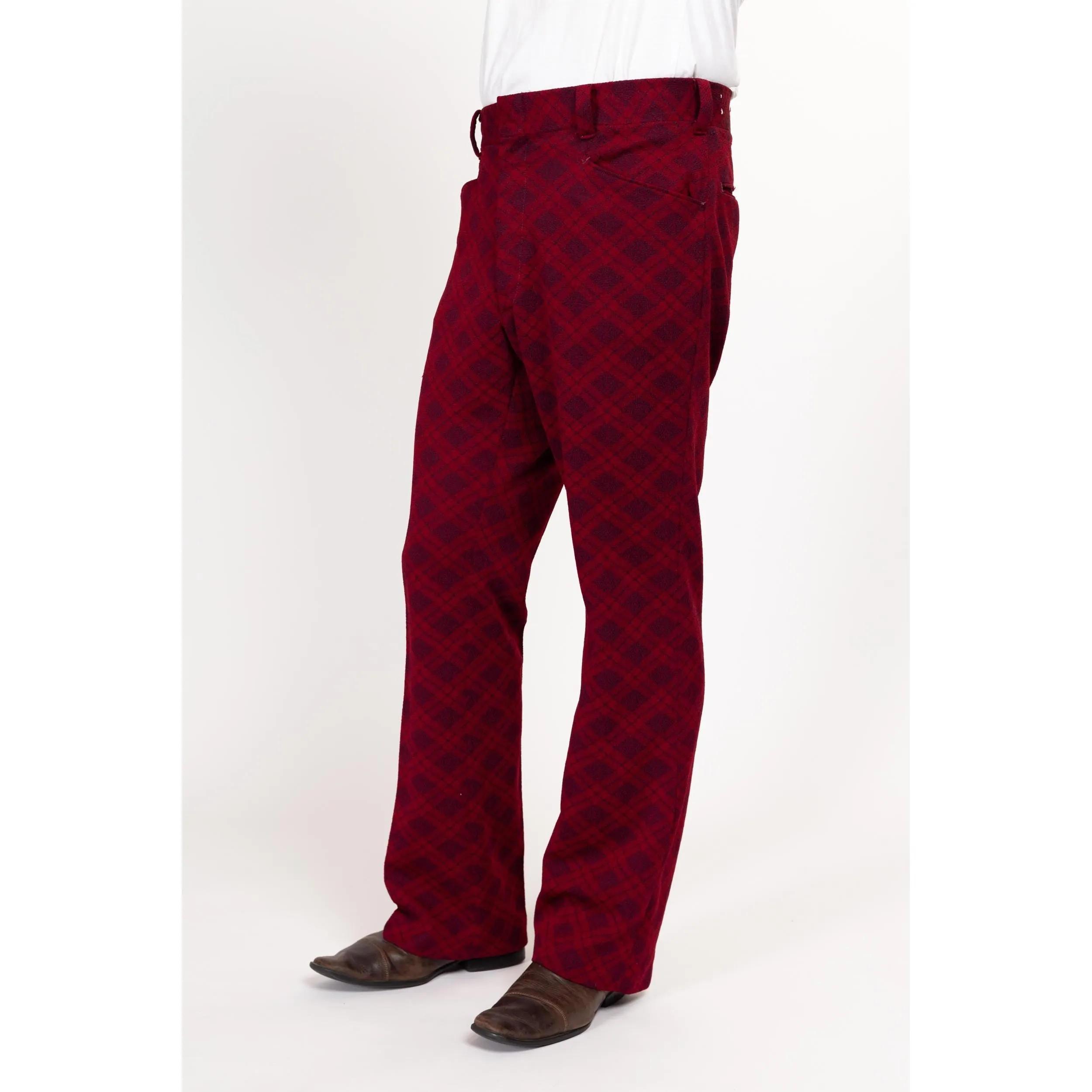 34" Waist 70s Wine Red Argyle Trousers