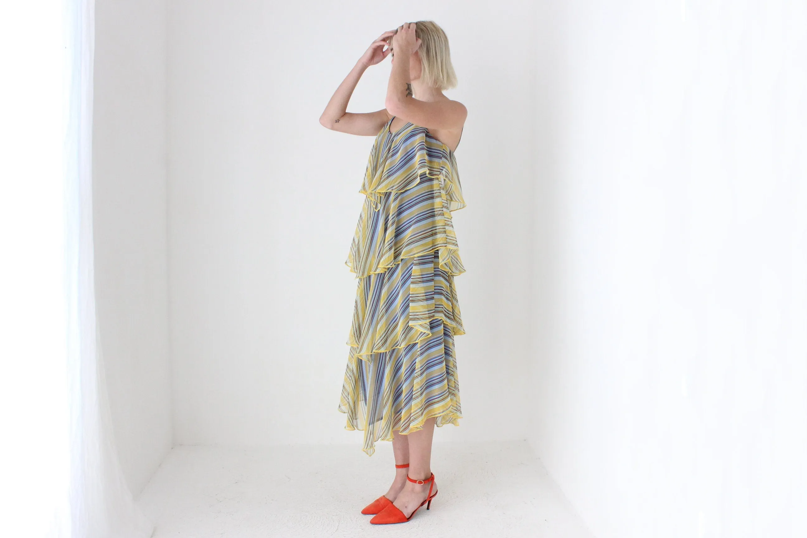 70s Layered Poly Chiffon Ruffle Dress