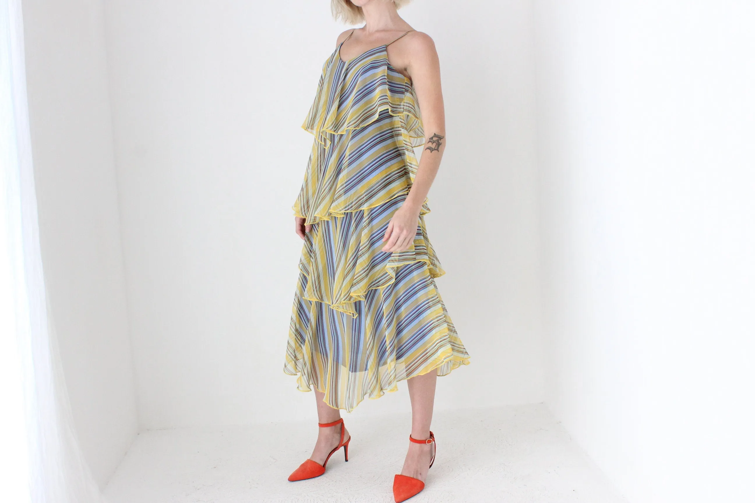 70s Layered Poly Chiffon Ruffle Dress