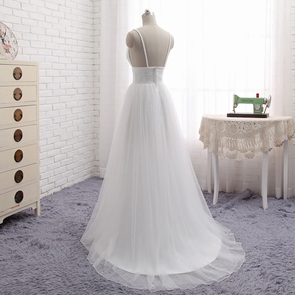 A-line Flowy Romantic Tulle Boho Beach Wedding Dress with Layered Tulle Skirt #21011216