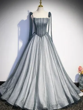 A Line Gray Long Prom Dresses, Tulle Gray Formal Graduation Dress with Beading