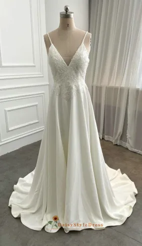 A line V-neckline Summer Cream Wedding Dress