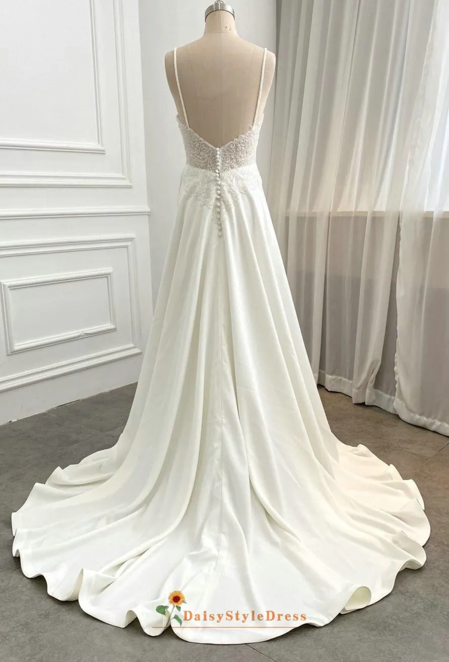 A line V-neckline Summer Cream Wedding Dress