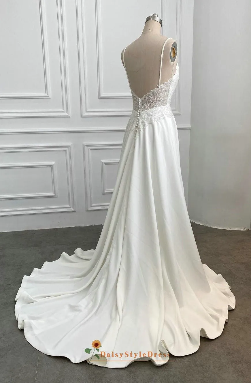 A line V-neckline Summer Cream Wedding Dress