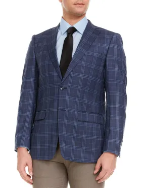 Adam Baker Men's Single Breasted 100% Wool Ultra Slim Fit Blazer/Sport Coat - Navy Blue Plaid