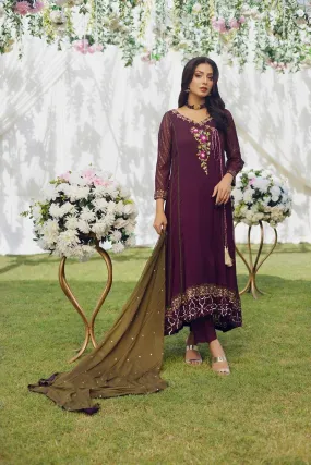 Aisha Fatema - Vivid Plum Angrakha - Multi Color Embroidery - 3 Piece