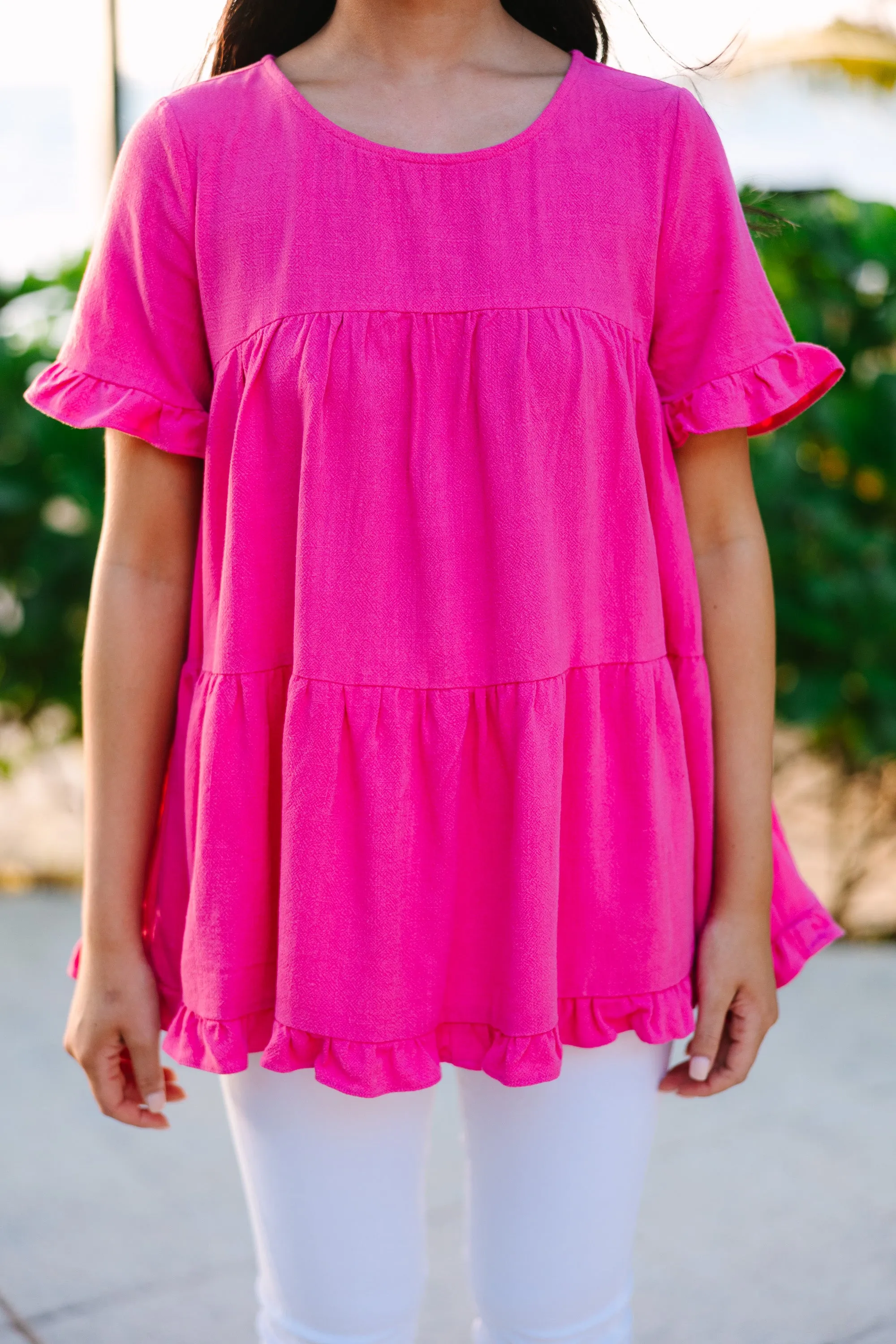 All Eyes On Me Fuchsia Pink Linen Babydoll Top