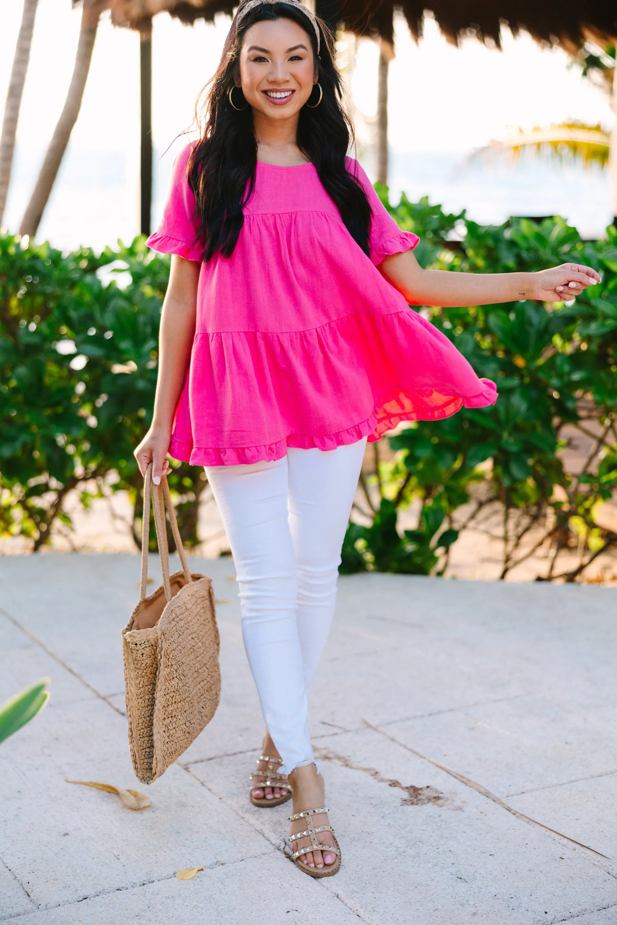 All Eyes On Me Fuchsia Pink Linen Babydoll Top