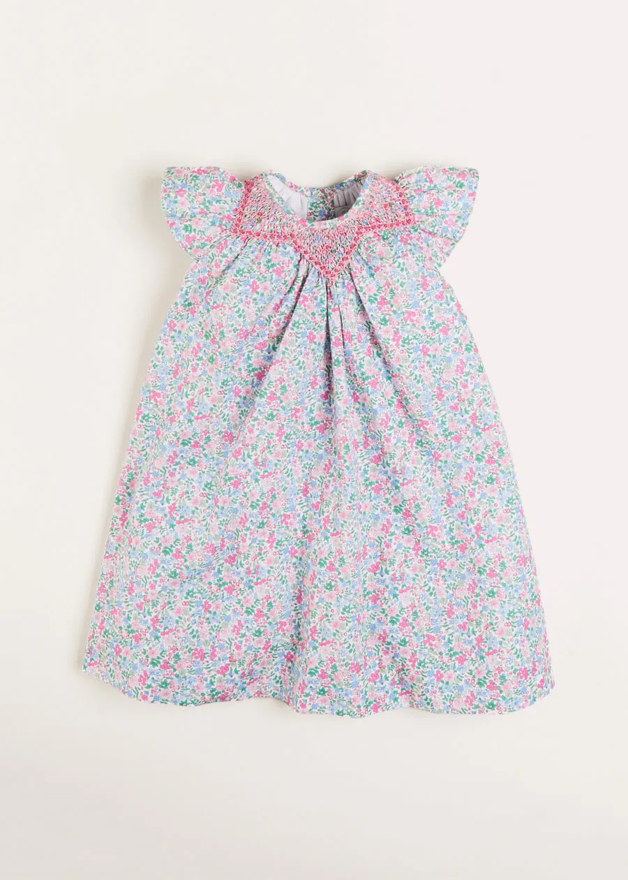 Amelia Floral Print Handsmocked Sleeveless Dress in Pink (12mths-10yrs)