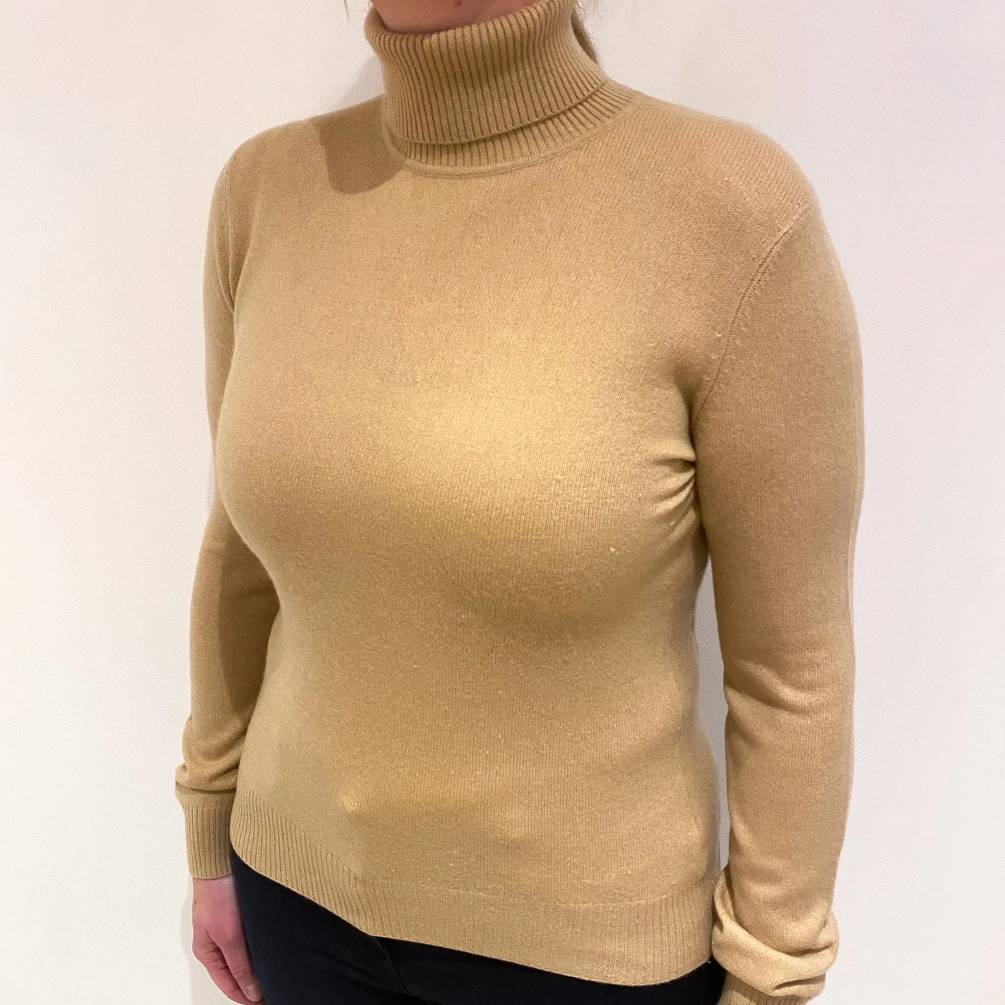 Beige Brown Cashmere Polo Neck Jumper Large