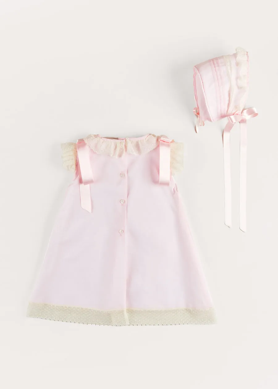 Bespoke Organic Cotton Christening Dress and Bonnet in Light Pink