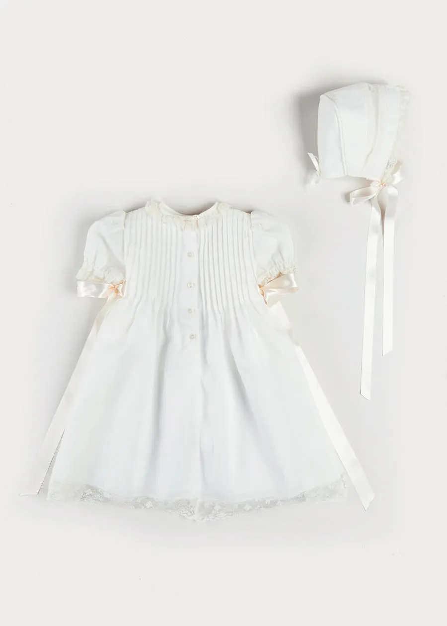 Bespoke Organic Cotton Dress With Shoulder Ribbons and Bonnet