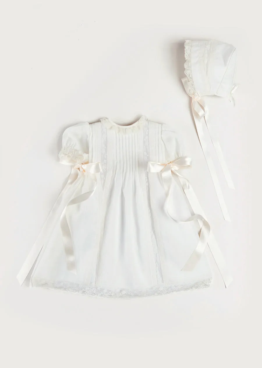 Bespoke Organic Cotton Dress With Shoulder Ribbons and Bonnet