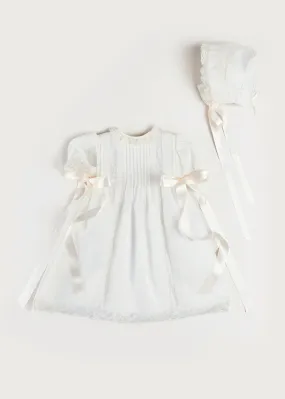 Bespoke Organic Cotton Dress With Shoulder Ribbons and Bonnet