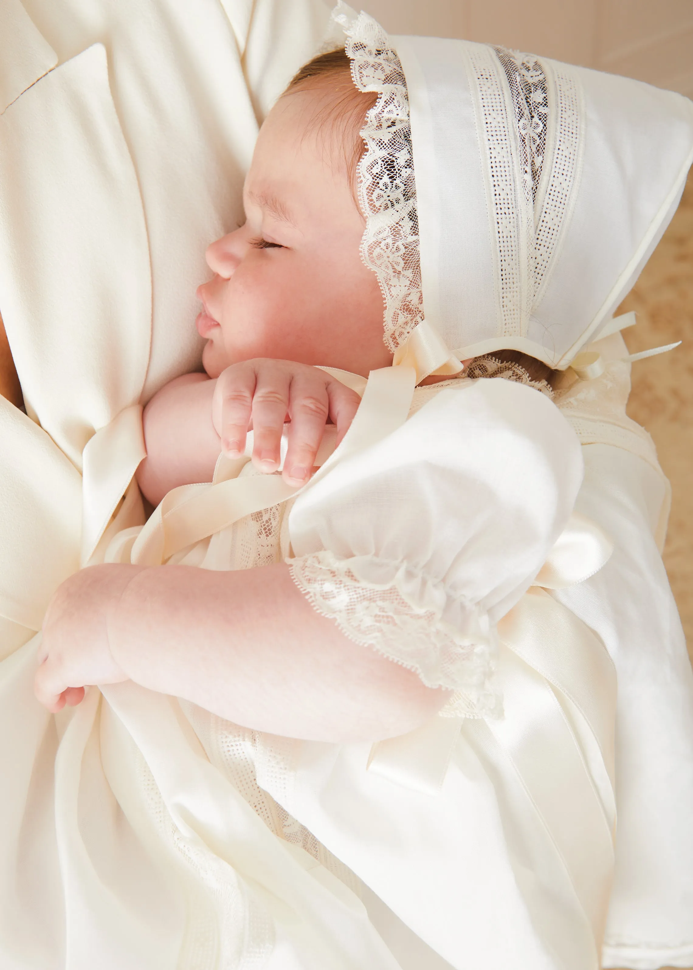 Bespoke Organic Cotton Dress With Shoulder Ribbons and Bonnet