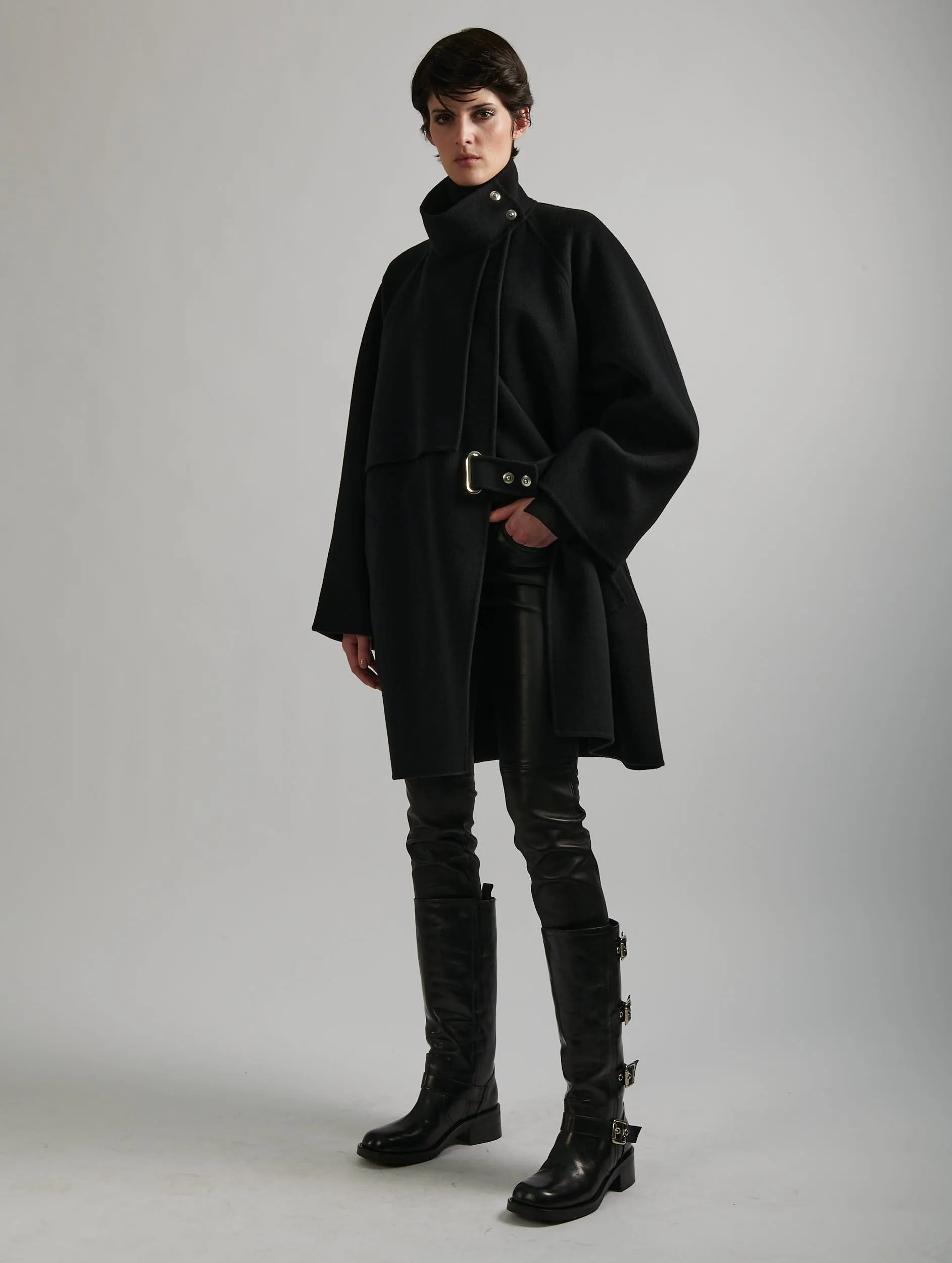 Black double-faced wool high-collar coat