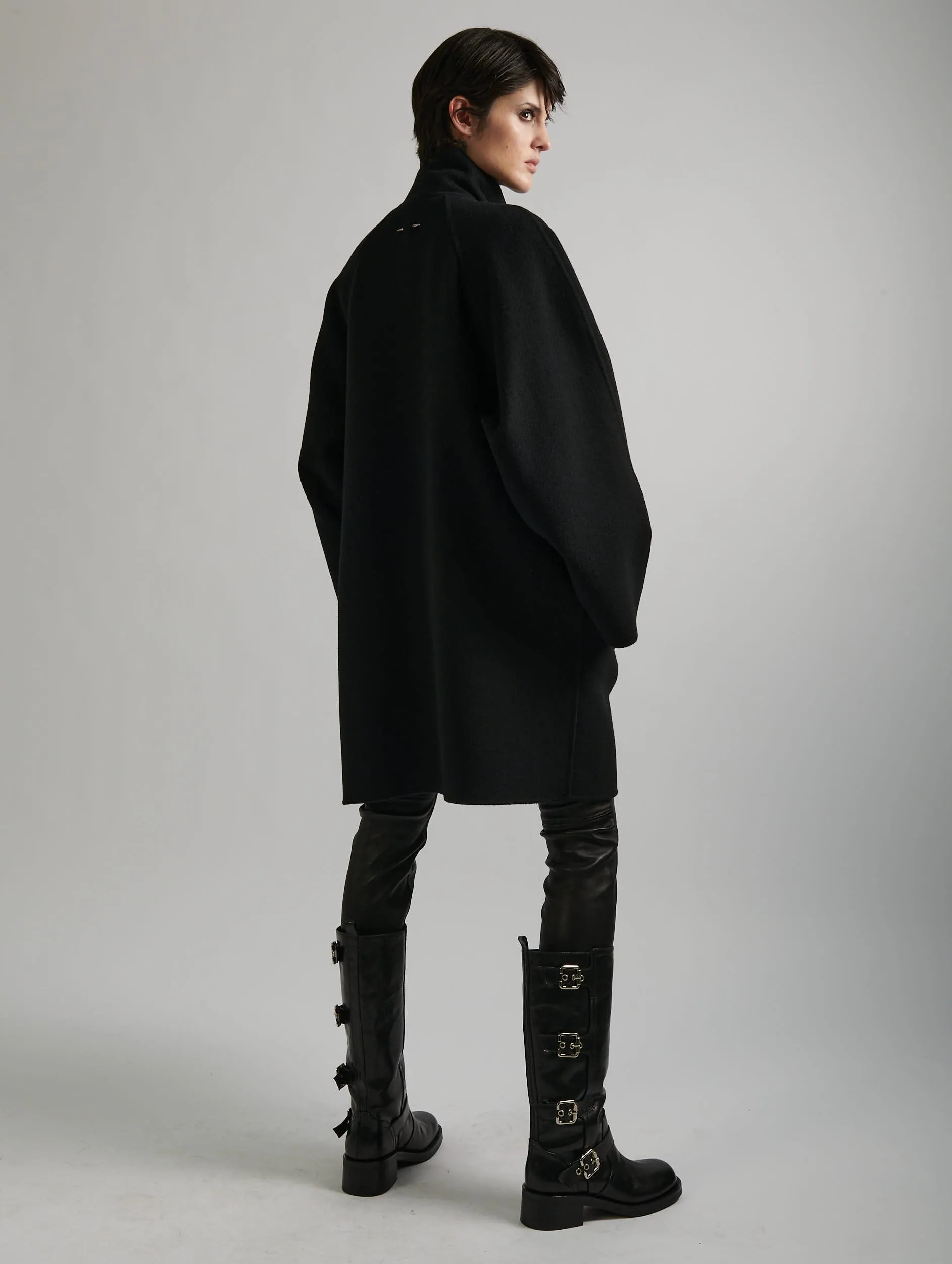 Black double-faced wool high-collar coat