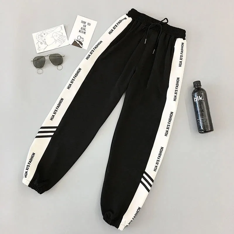 Black Harem Pants Women S-5XL Letter Print Striped Hip Hop Pants