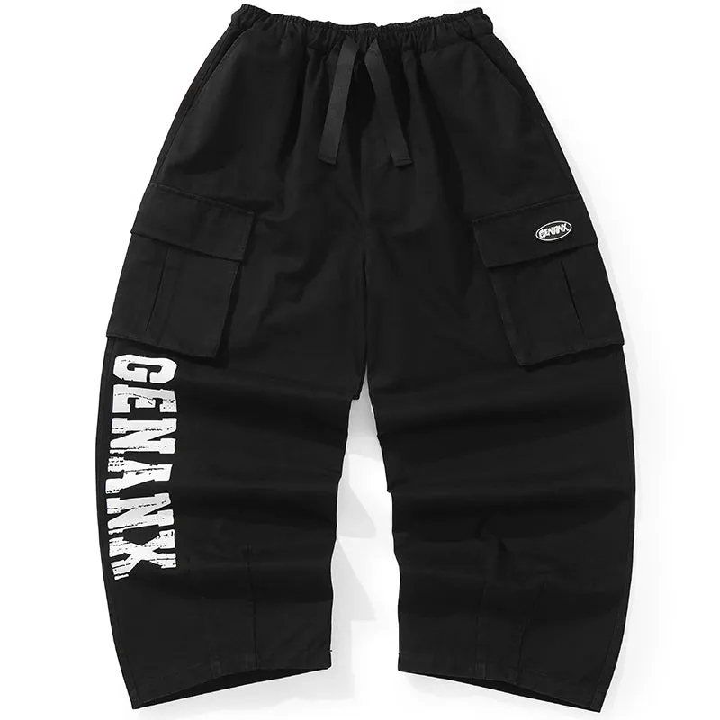 Black Letter Print Pocket Loose Straight Cargo Pants