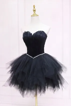 Black Tulle Short Prom Dress with Feather, A-Line Sweetheart Neckline Party Dress