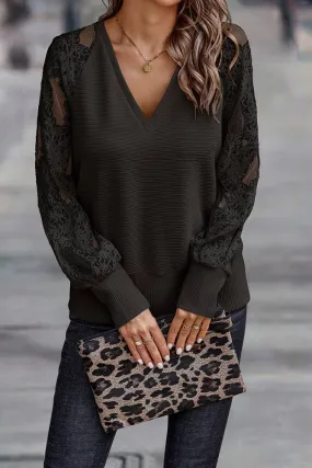 Black V Neck Lace Sheer Sleeves Top