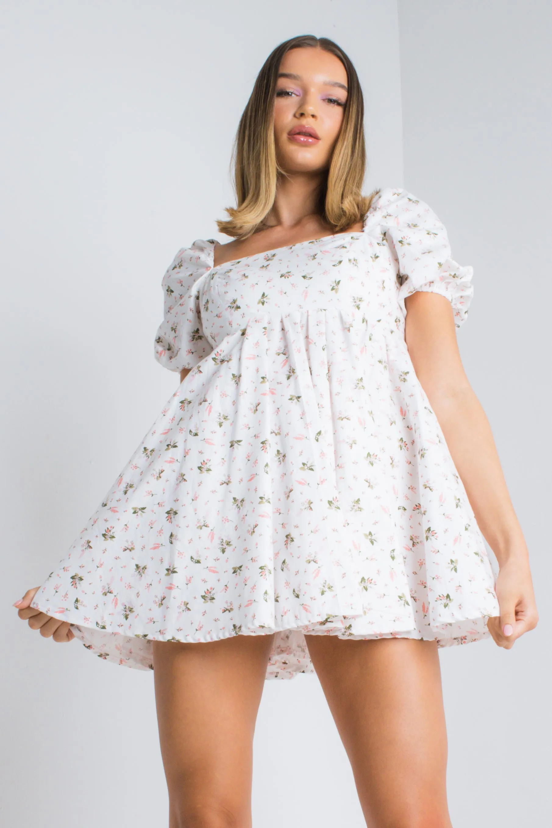 BLOSSOM White Floral Puff Sleeve Babydoll Skater Dress