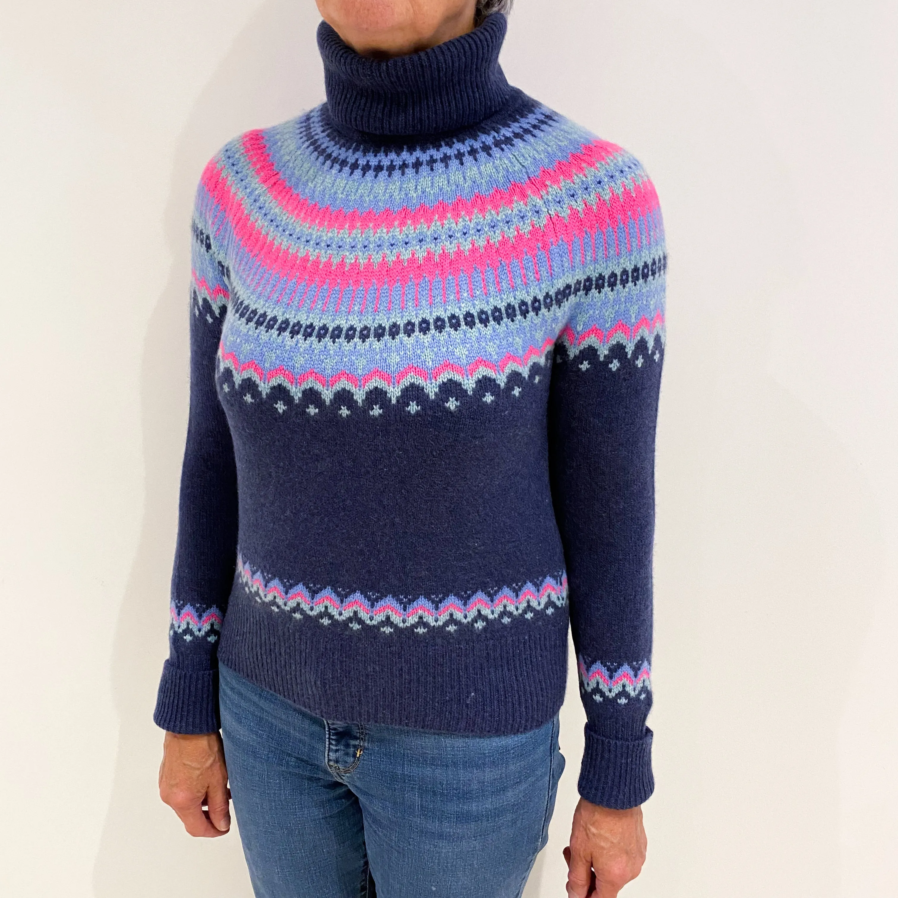 Blue and Neon Pink Fair Isle Cashmere Polo Neck Jumper Medium