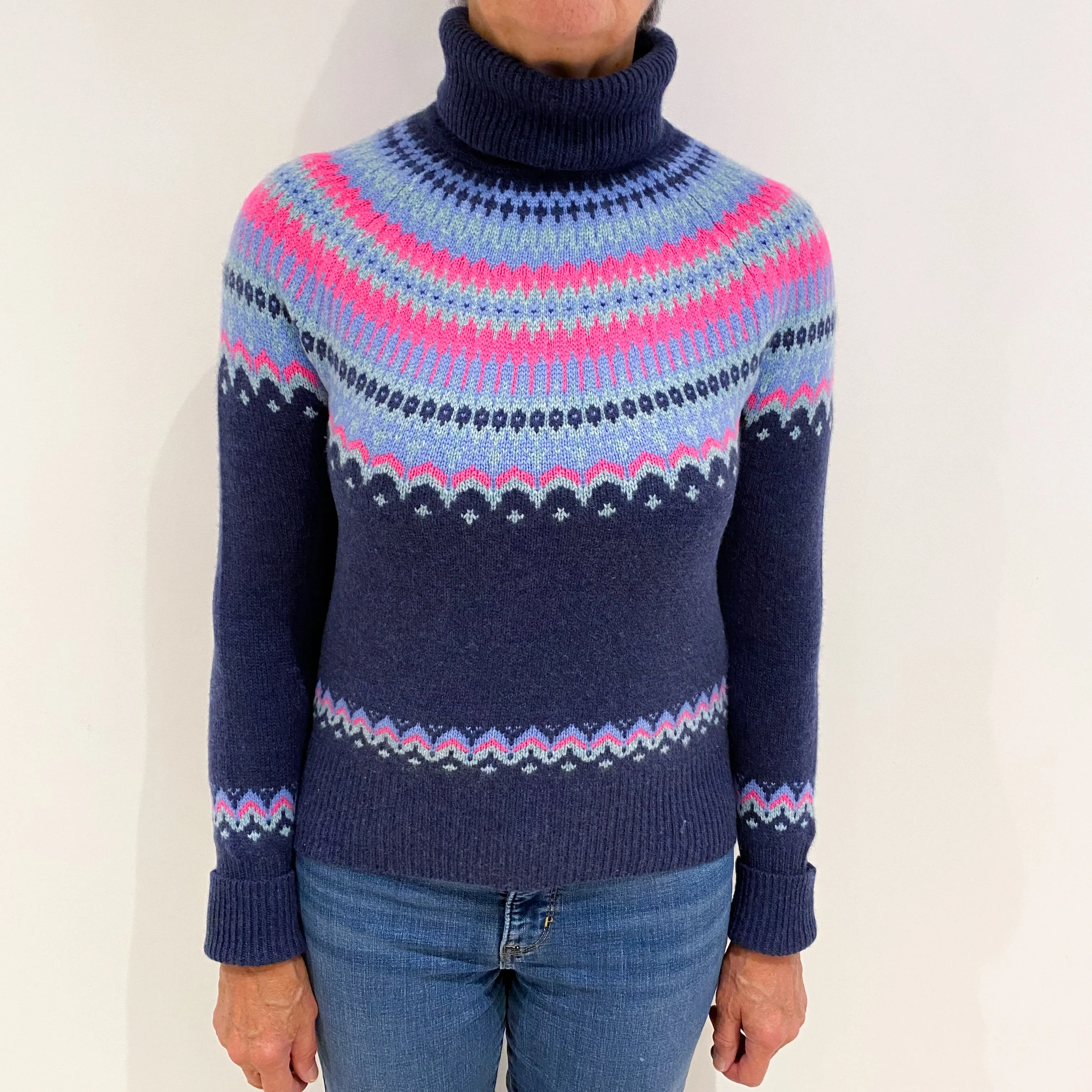 Blue and Neon Pink Fair Isle Cashmere Polo Neck Jumper Medium