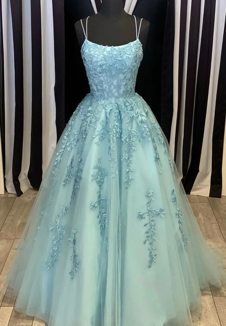 Blue Lace Long Prom Dresses, A-Line Formal Evening Dresses