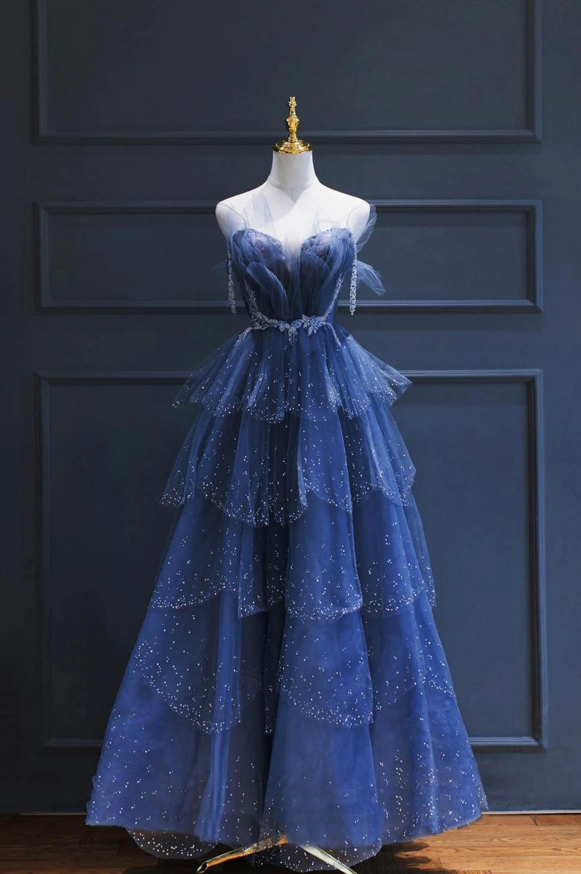 Blue Tulle Beaded Long Senior Prom Dress, A-Line Strapless Evening Party Dress