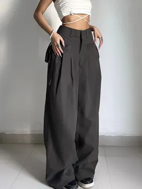 Bonnyshow Shirring Casual Wide Leg Pants Women High Waist Street Basic Loose Sweat Trousers Korean Retro Gray Office Y2K Lady Pants