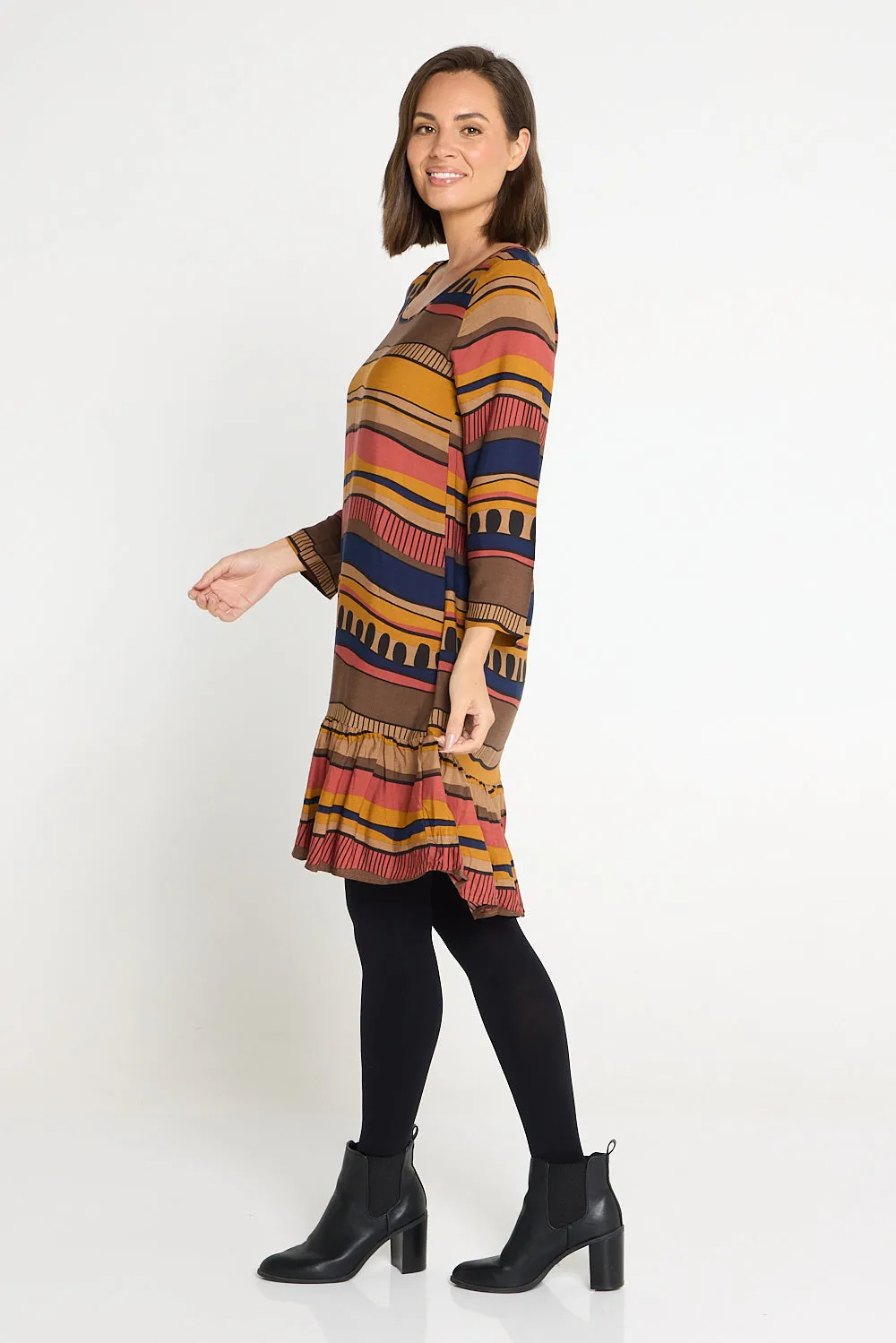 Cassandra Petite Dress - Ochre Organic Stripe