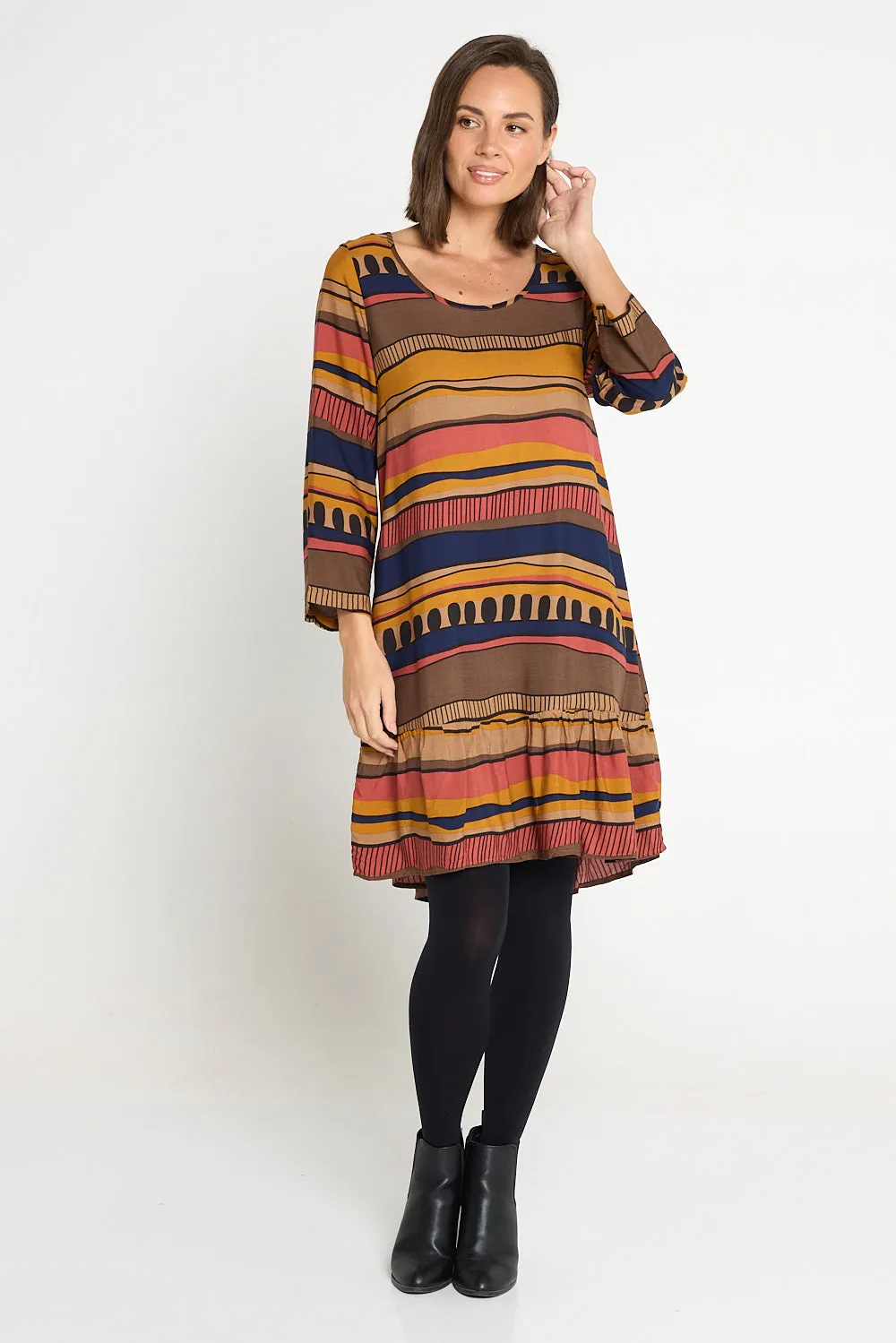 Cassandra Petite Dress - Ochre Organic Stripe