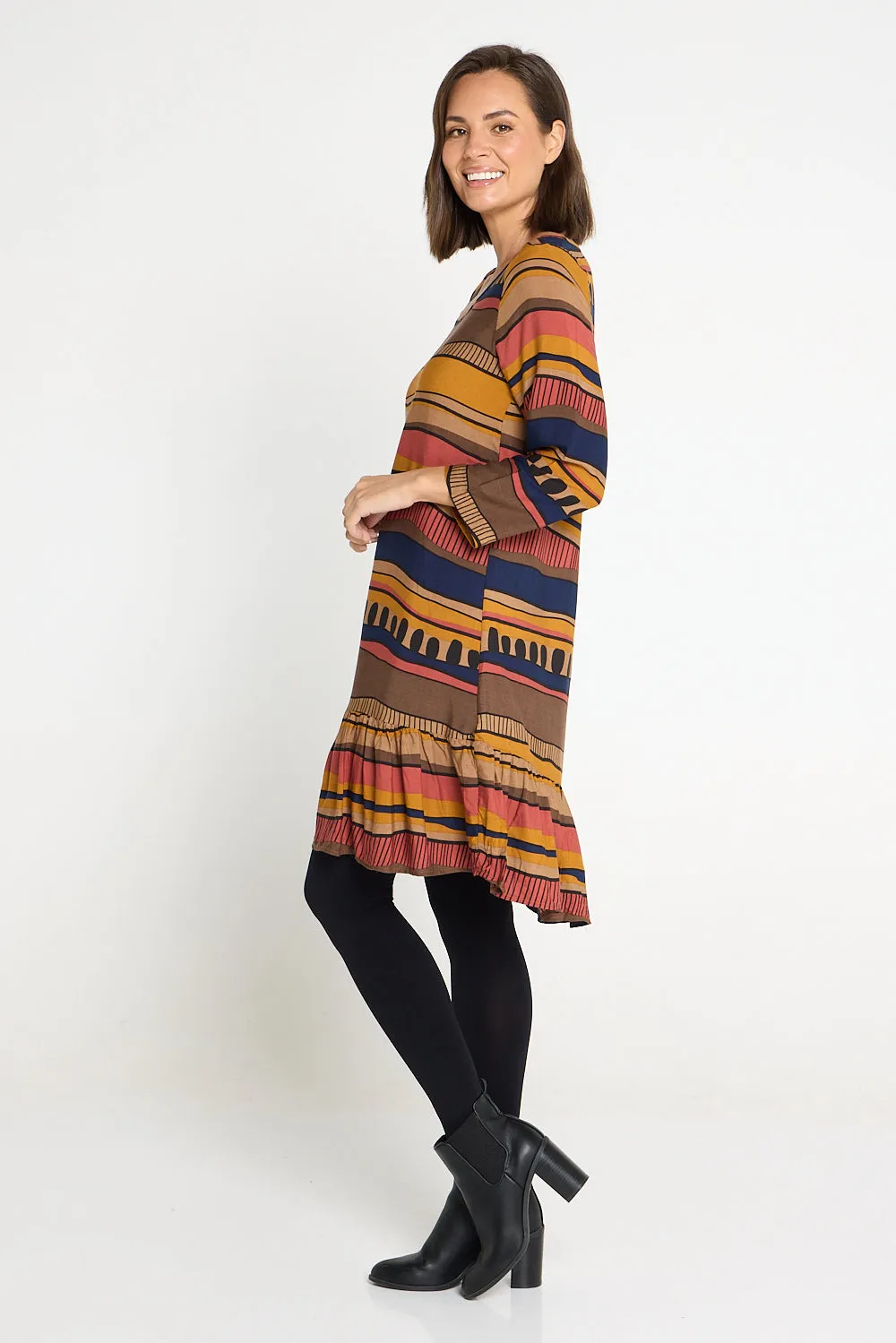 Cassandra Petite Dress - Ochre Organic Stripe