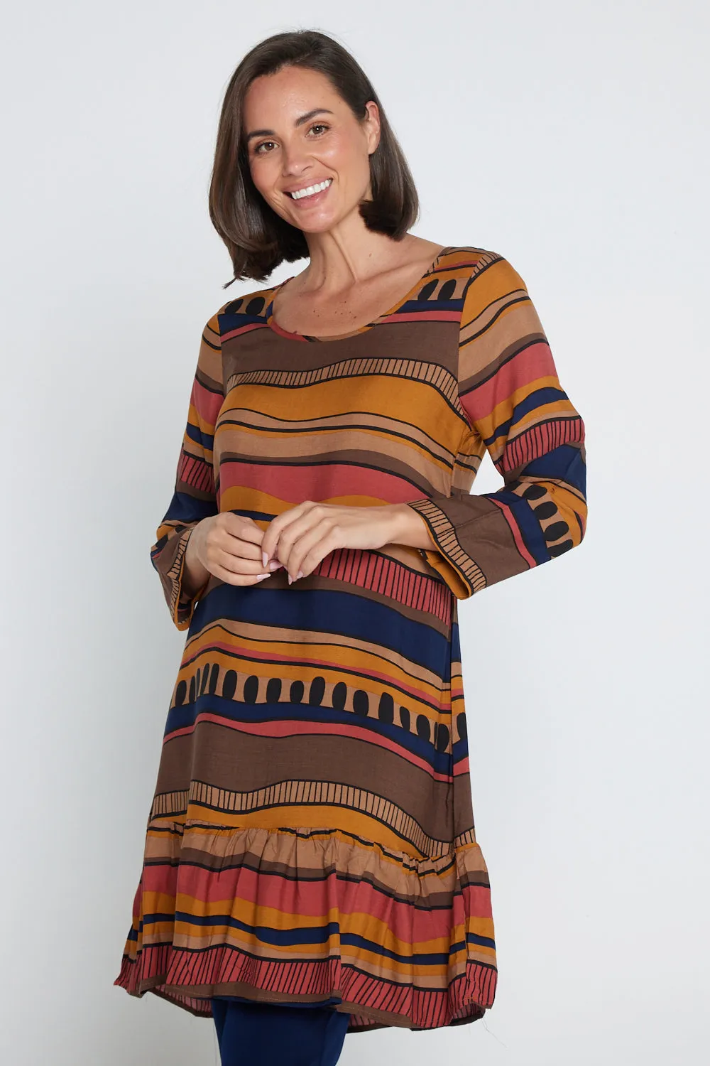 Cassandra Petite Dress - Ochre Organic Stripe