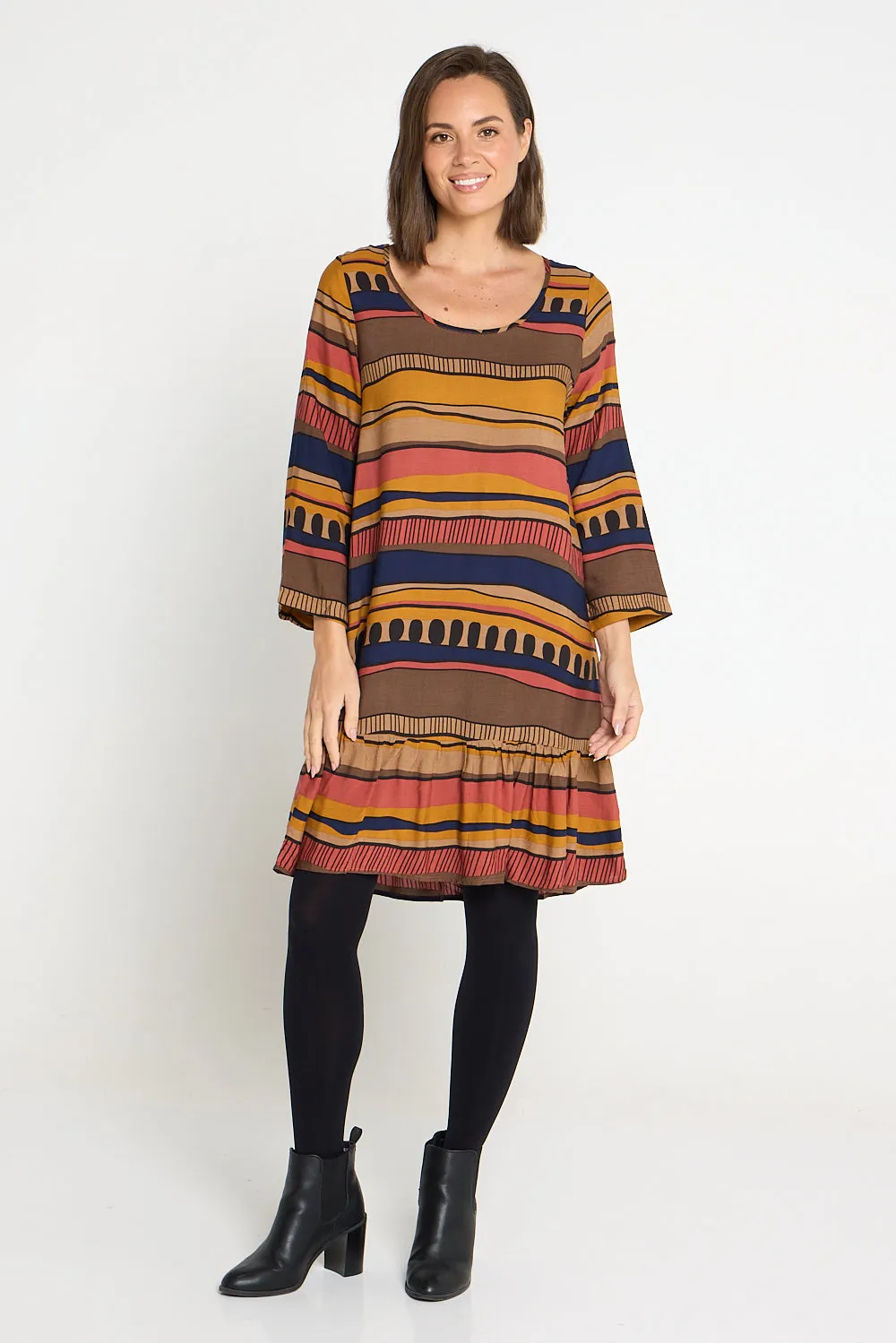 Cassandra Petite Dress - Ochre Organic Stripe