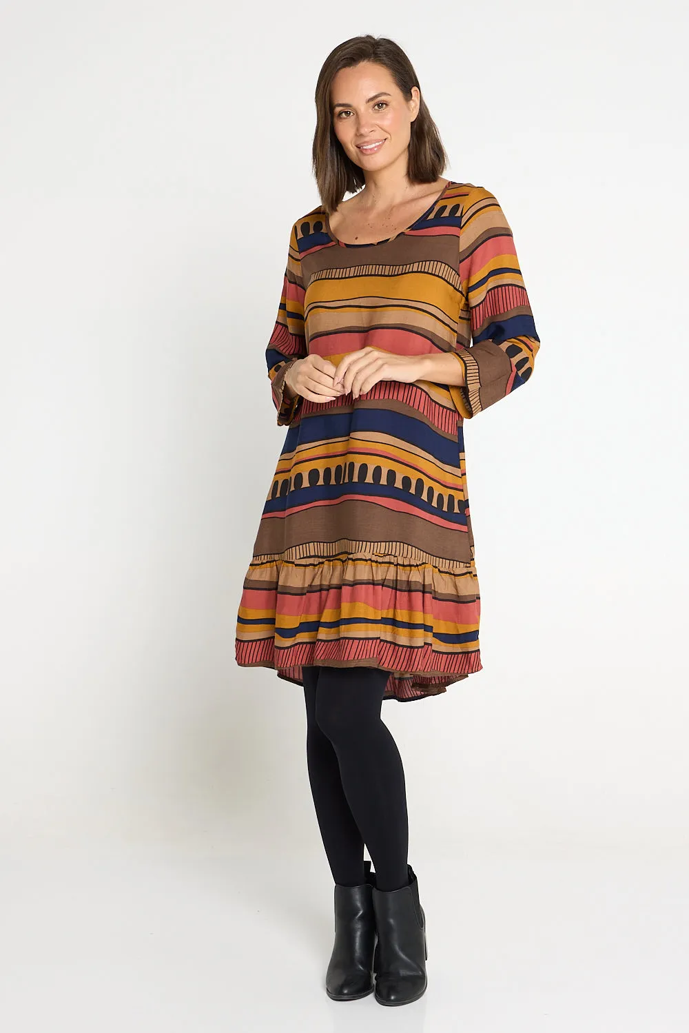 Cassandra Petite Dress - Ochre Organic Stripe