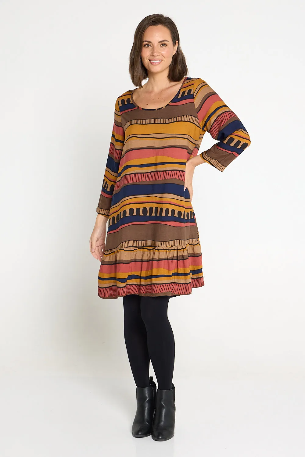 Cassandra Petite Dress - Ochre Organic Stripe