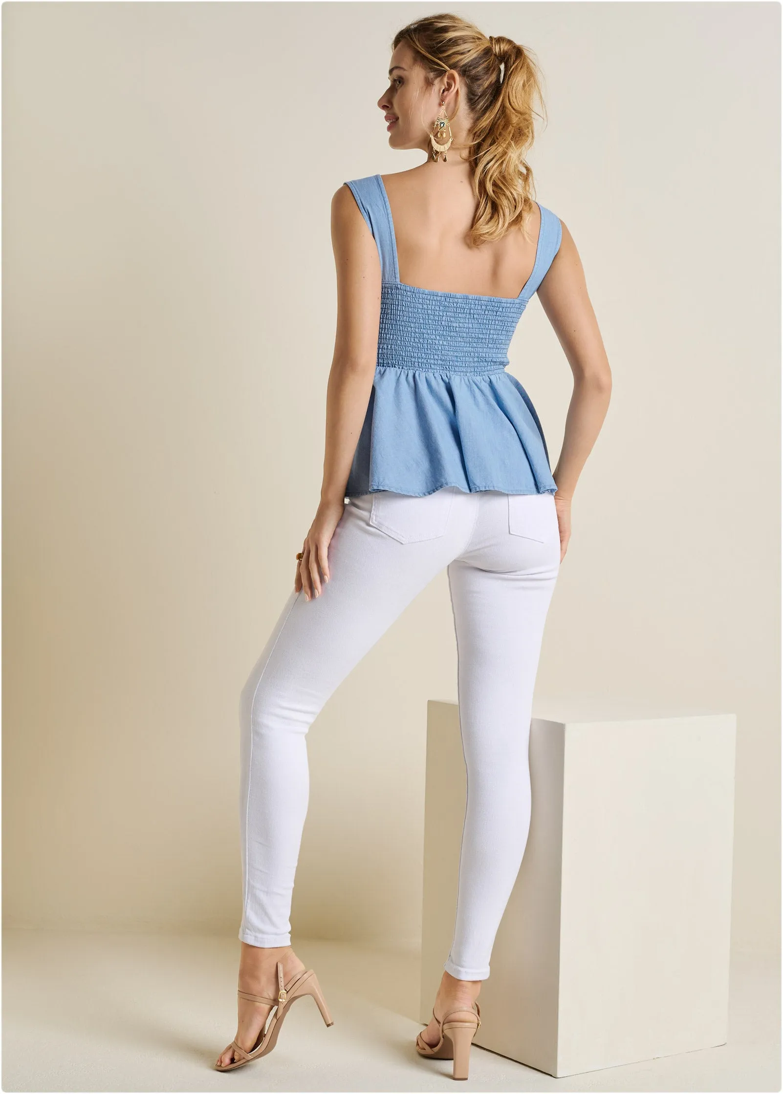 Chambray Babydoll Top - Medium Wash