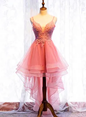 Chic V-neckline Lace Applique Tulle High Low Straps Homecoming Dress, Tulle Short Prom Dress